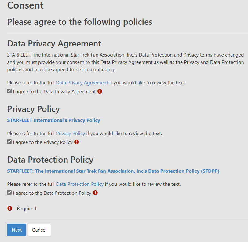 check the boxes to indicate that you agree to each of the Data Privacy Agreement, Privacy Policy, and Data Protection Policy. Check all three boxes, and click NEXT to continue.